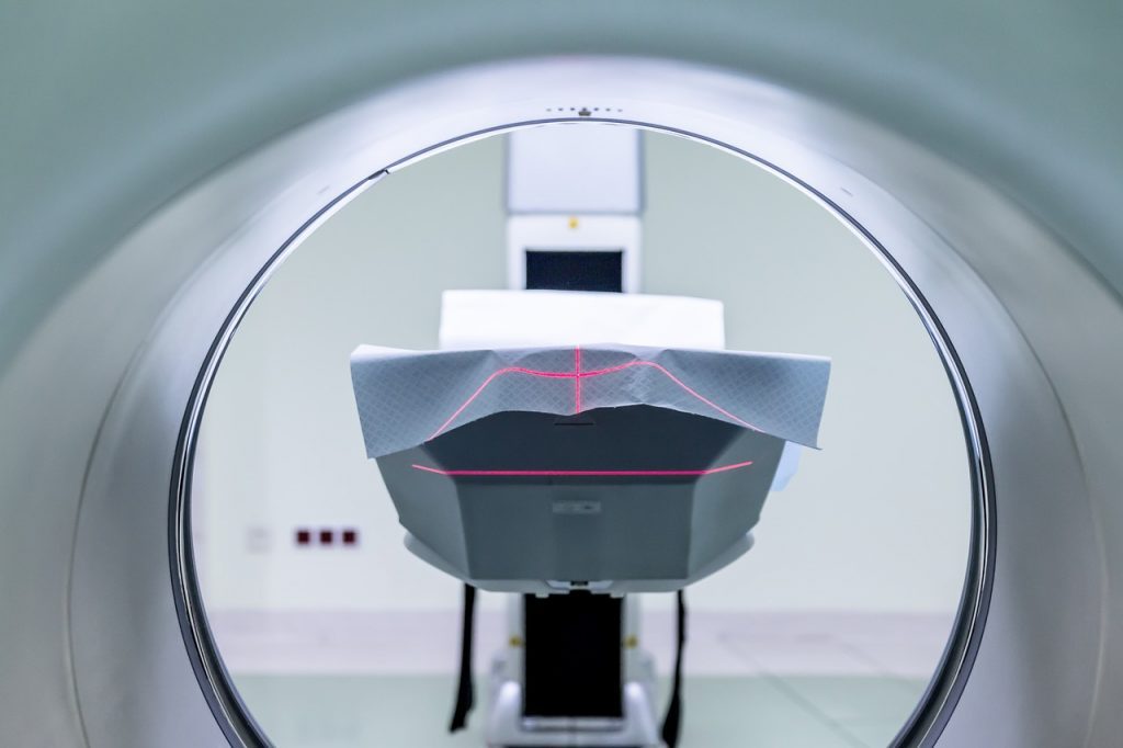 An MRI scanner in a hospital imaging room